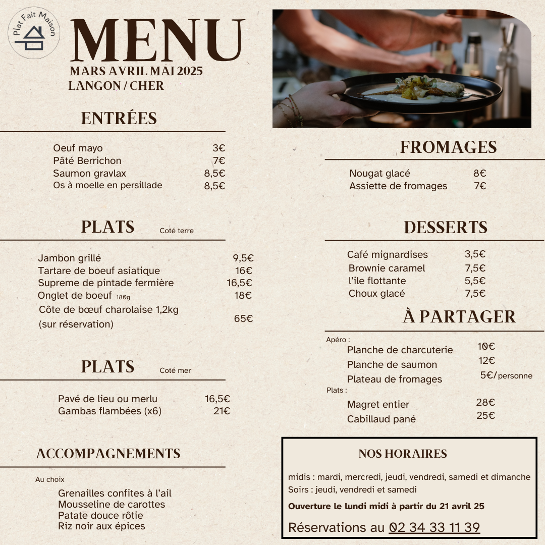 Menu carte bistrot du grand liot rayon de sologne restaurant francais proche romorantin carte printemps 25