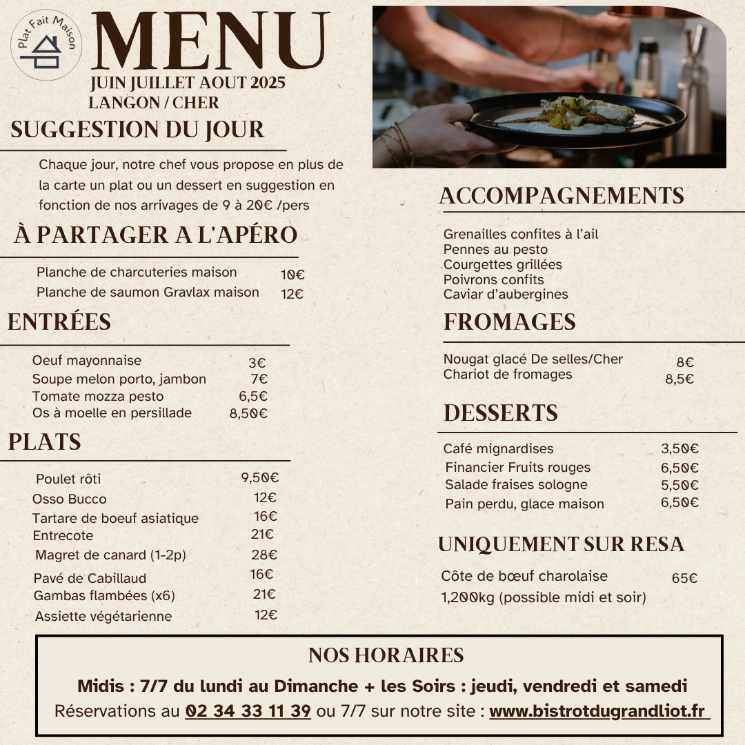 Menu carte bistrot du grand liot restaurant langon sur cher ete 2026